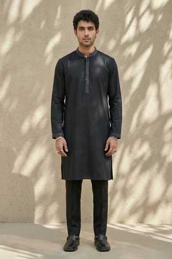 Buy_Bubber Couture_Black Silk, Cotton Embroidery Chevron Pintucked Kurta Set _at_Aza_Fashions