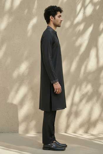 Bubber Couture_Black Silk, Cotton Embroidery Chevron Pintucked Kurta Set _Online_at_Aza_Fashions