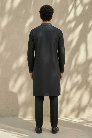 Shop_Bubber Couture_Black Silk, Cotton Embroidery Chevron Pintucked Kurta Set _at_Aza_Fashions