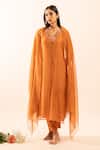 Tatwa_Orange Chanderi Embroidery V-neck Resham Kurta Set _Online_at_Aza_Fashions