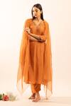Buy_Tatwa_Orange Chanderi Embroidery V-neck Resham Kurta Set _at_Aza_Fashions