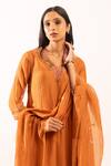 Shop_Tatwa_Orange Chanderi Embroidery V-neck Resham Kurta Set 