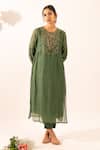 Tatwa_Green Chanderi Embroidery Round Neck Resham Kurta Set _at_Aza_Fashions