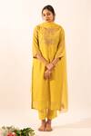 Buy_Tatwa_Mustard Chanderi Embroidery Split V-neck Kurta Set _Online_at_Aza_Fashions