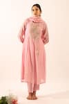 Tatwa_Pink Chanderi Embroidery Round Neck Floral Patchwork Kurta Set _Online_at_Aza_Fashions