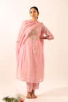 Buy_Tatwa_Pink Chanderi Embroidery Round Neck Floral Patchwork Kurta Set _Online_at_Aza_Fashions