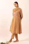 Tatwa_Brown Chanderi Embroidery Round Neck Floral Kurta Set _Online_at_Aza_Fashions