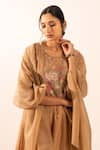 Tatwa_Brown Chanderi Embroidery Round Neck Floral Kurta Set _at_Aza_Fashions