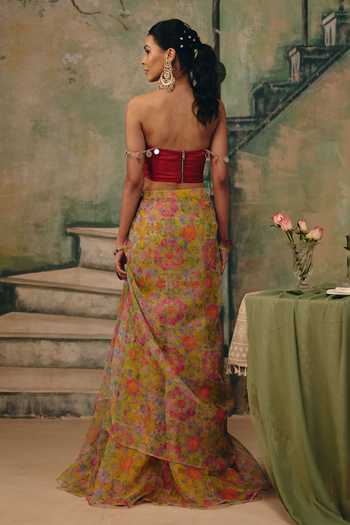 Shop_Label Moni K_Multi Color Organza Mirrors, Embroidery Dilruba Draped Skirt And Work Blouse Set _at_Aza_Fashions