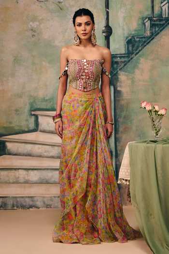 Label Moni K_Multi Color Organza Mirrors, Embroidery Dilruba Draped Skirt And Work Blouse Set _at_Aza_Fashions