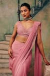 Label Moni K_Pink Georgette, Net Crystals, Pari Pre-draed Saree With Embellished Blouse _Online_at_Aza_Fashions
