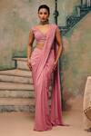 Buy_Label Moni K_Pink Georgette, Net Crystals, Pari Pre-draed Saree With Embellished Blouse _at_Aza_Fashions