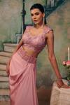 Label Moni K_Pink Satin, Organza Embroidery, Lace Desire Draped Skirt And Blouse Set _Online_at_Aza_Fashions