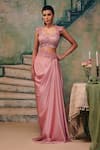 Shop_Label Moni K_Pink Satin, Organza Embroidery, Lace Desire Draped Skirt And Blouse Set _Online_at_Aza_Fashions