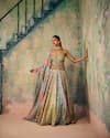 Buy_Label Moni K_Multi Color Chanderi, Organza Sequins, Mirrors Jhumka Embroidered Lehenga Set _at_Aza_Fashions