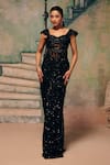 Buy_Label Moni K_Black Net Sequins, Beads, Embroidery Dawn Corset Top And Draped Skirt Set _Online_at_Aza_Fashions