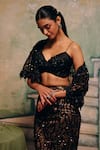 Label Moni K_Black Net Sequins, Beads, Embroidery Open Neck, Sweetheart Flora Skirt Cape Set _Online_at_Aza_Fashions