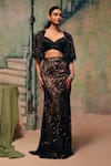 Shop_Label Moni K_Black Net Sequins, Beads, Embroidery Open Neck, Sweetheart Flora Skirt Cape Set _Online_at_Aza_Fashions