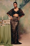 Buy_Label Moni K_Black Net Sequins, Beads, Embroidery Open Neck, Sweetheart Flora Skirt Cape Set _at_Aza_Fashions