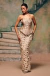 Buy_Label Moni K_Beige Satin Lace, Applique Bandeau Glimpse Floral Skirt And Sculpted Blouse Set _at_Aza_Fashions