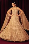 Buy_Label Moni K_Gold Organza, Net Embroidery, Sequins, Beads, Pearls, Noorie Corset Lehenga Set _at_Aza_Fashions
