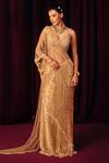 Buy_Label Moni K_Gold Organza, Net Sequins, Beads Sona Embellished Pre-draped Saree With Blouse _at_Aza_Fashions