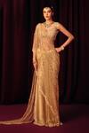 Label Moni K_Gold Organza, Net Sequins, Beads Sona Embellished Pre-draped Saree With Blouse _Online_at_Aza_Fashions