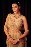 Label Moni K_Gold Organza, Net Sequins, Beads Sona Embellished Pre-draped Saree With Blouse _at_Aza_Fashions