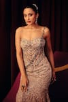 Shop_Label Moni K_Grey Satin, Net Sequins, Beads, Stones Daydream Embroidered Corset And Lehenga Set 