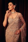 Shop_Label Moni K_Grey Satin, Net Sequins, Beads, Ishq Pre-draped Saree With Embroidered Corset _Online_at_Aza_Fashions