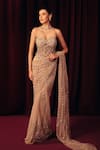 Label Moni K_Grey Satin, Net Sequins, Beads, Ishq Pre-draped Saree With Embroidered Corset _at_Aza_Fashions