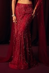 Label Moni K_Red Net, Satin Sequins, Beads V-neck Fitoor Embellished Fish Cut Lehenga Set _Online_at_Aza_Fashions
