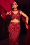 Shop_Label Moni K_Red Net, Satin Sequins, Beads V-neck Fitoor Embellished Fish Cut Lehenga Set _at_Aza_Fashions