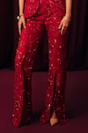 Label Moni K_Red Satin, Net Embroidery, Laila Embellished Peplum Top And Pant Co-ord Set _Online_at_Aza_Fashions