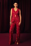 Buy_Label Moni K_Red Satin, Net Embroidery, Laila Embellished Peplum Top And Pant Co-ord Set _at_Aza_Fashions