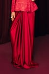 Label Moni K_Red Silk, Satin Collared, Cowl Neck Nagma Peplum Jacket And Draped Skirt Set _Online_at_Aza_Fashions