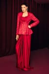 Buy_Label Moni K_Red Silk, Satin Collared, Cowl Neck Nagma Peplum Jacket And Draped Skirt Set _at_Aza_Fashions