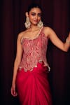 Label Moni K_Pink Organza, Satin Sequins, Beads Gulabi Embroidered Corset And Draped Skirt Set _Online_at_Aza_Fashions