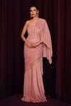 Buy_Label Moni K_Pink Organza, Net Embroidery, Sequins, Blush Pre-draped Saree Skirt With Corset _at_Aza_Fashions