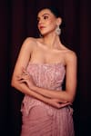 Label Moni K_Pink Organza, Net Embroidery, Sequins, Blush Pre-draped Saree Skirt With Corset _Online_at_Aza_Fashions