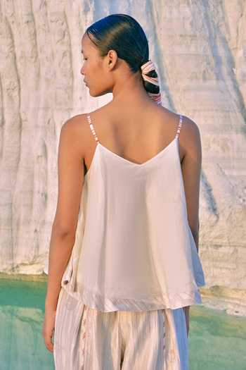 Shop_Ahmev_Ivory Cotton, Chanderi V-neck Thazin Strap Top _at_Aza_Fashions
