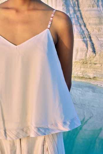 Ahmev_Ivory Cotton, Chanderi V-neck Thazin Strap Top _Online_at_Aza_Fashions