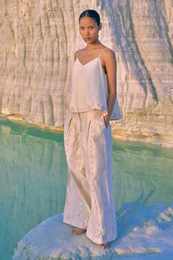 Buy_Ahmev_Ivory Cotton, Chanderi V-neck Thazin Strap Top _at_Aza_Fashions