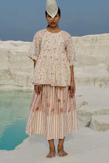 Buy_Ahmev_Ivory Cotton, Chanderi Round Neck Taya Raglan Top _at_Aza_Fashions