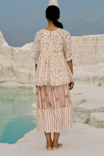 Shop_Ahmev_Ivory Cotton, Chanderi Round Neck Taya Raglan Top _at_Aza_Fashions