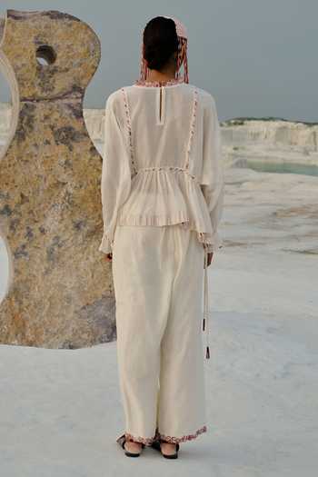 Shop_Ahmev_Ivory Chanderi Embroidery, Tassels, Lace Round Neck Aye Dolman Top _at_Aza_Fashions