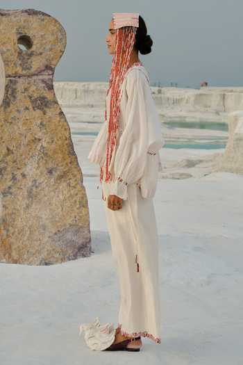 Shop_Ahmev_Ivory Chanderi Embroidery, Tassels, Lace Round Neck Aye Dolman Top _Online_at_Aza_Fashions