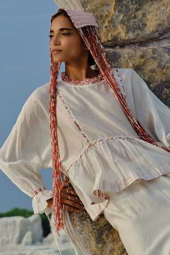 Ahmev_Ivory Chanderi Embroidery, Tassels, Lace Round Neck Aye Dolman Top _Online