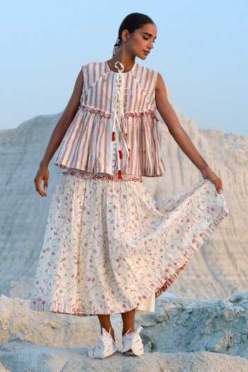 Buy_Ahmev_Ivory Cotton, Chanderi Embroidery, Beads, Tassels Round Neck Pwint Tie Up Top _Online_at_Aza_Fashions