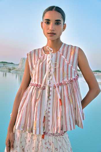 Buy_Ahmev_Ivory Cotton, Chanderi Embroidery, Beads, Tassels Round Neck Pwint Tie Up Top _at_Aza_Fashions